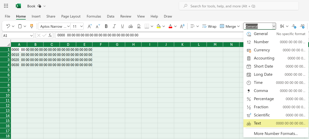 Microsoft Excel Online format cells as plain text