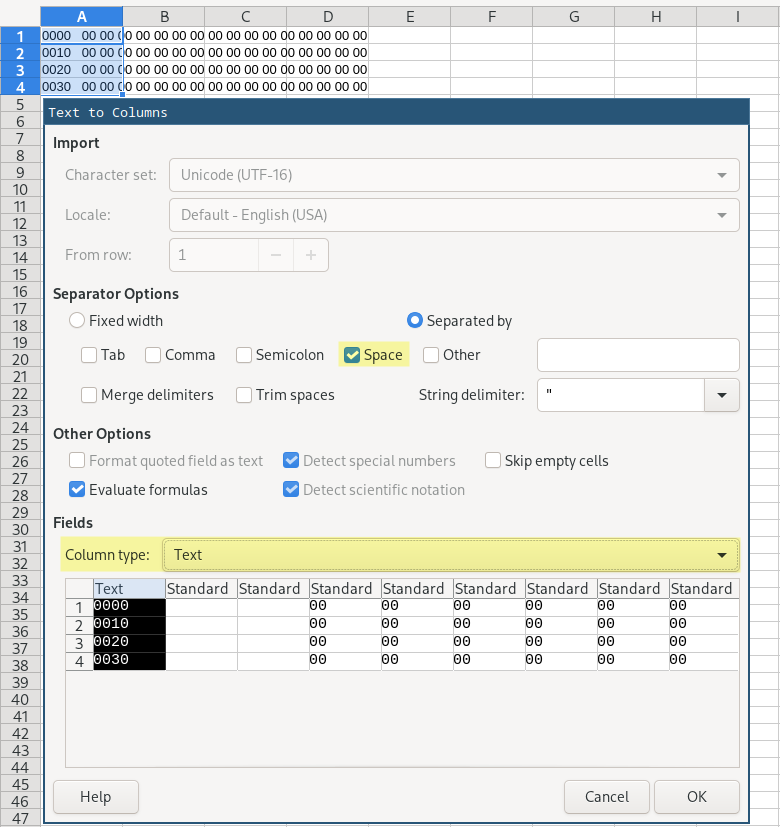 LibreOffice split text to columns