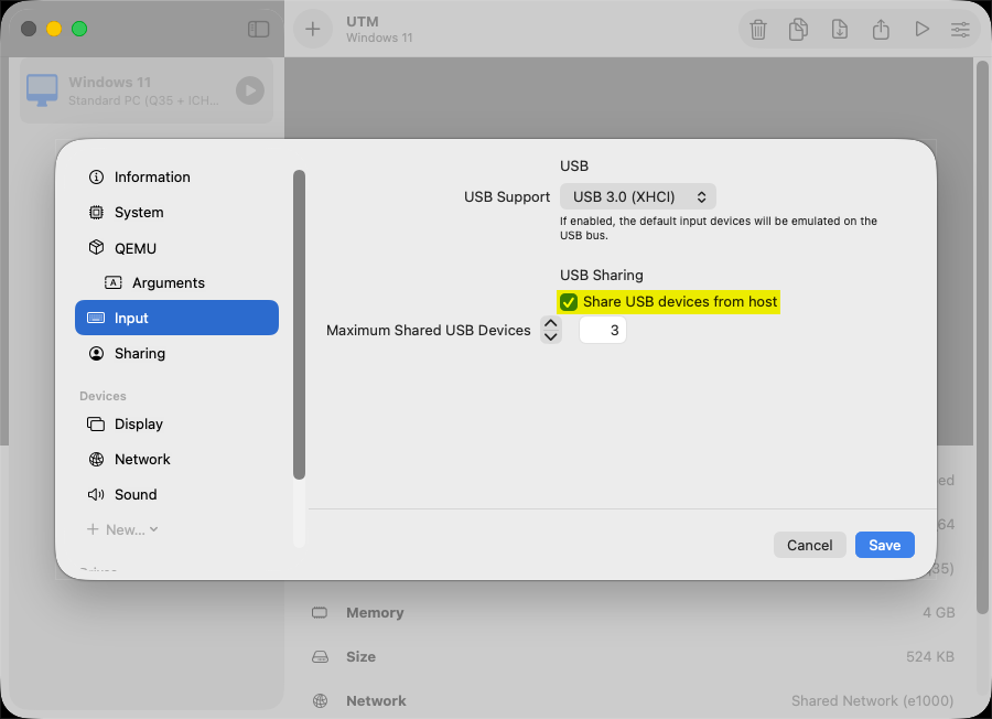 UTM Virtual Machine / Settings / Sharing / USB UTM Virtual Machine -> Settings -> Sharing -> USB