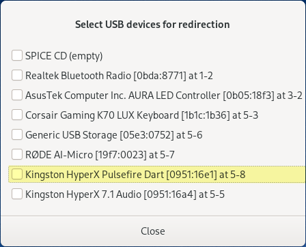 Select USB devices for redirection