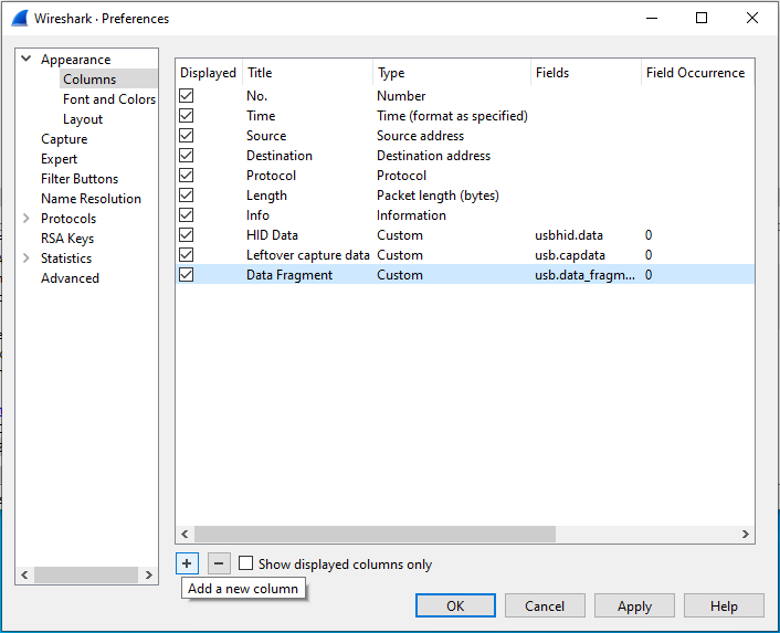 Wireshark column preferences