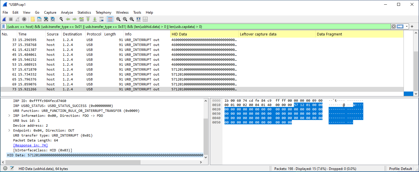 Wireshark capture view with data columns added