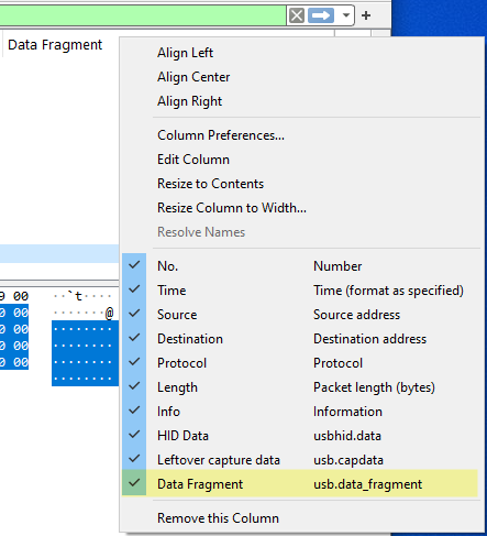 Wireshark capture view column selections