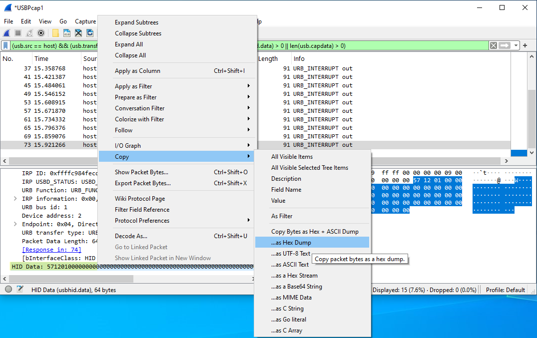 Wireshark copy field value as Hex dump