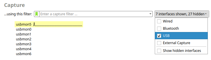 The usbmon devices are listed under Capture