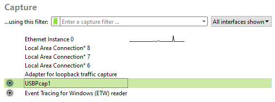 The USBPcap is listed under Capture