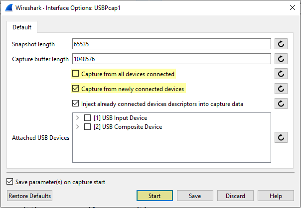 Wireshark USBPcap1 options