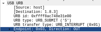Wireshark frame view with URB Endpoint value Wireshark frame view with URB Endpoint value